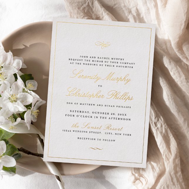 Invitation En Aluminium Élégance classique or Script Mariage simple (Gold Classic Elegance Script Simple Wedding Foil Invitation)
