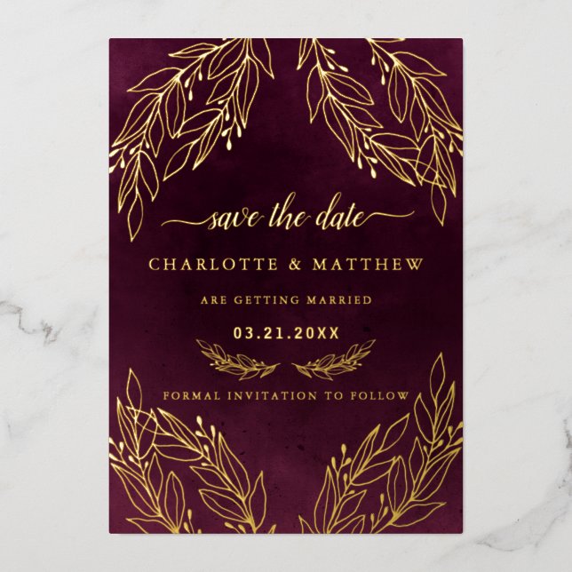 Invitation En Aluminium Elégance Moderne Bourgogne Enregistrer La Date (Recto)