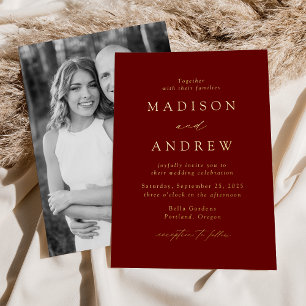 Invitation En Aluminium Élégance Moderne Mariage Photo Burgundy et Or