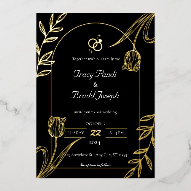 Invitation En Aluminium Élégance opulente : Mariage noir et or (Recto)