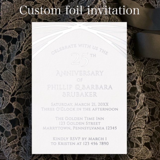 Invitation En Aluminium Élégant 25e anniversaire de Mariage sur mesure (Personalize this template for a unique silver foil arch 25th wedding anniversary party invitation.)