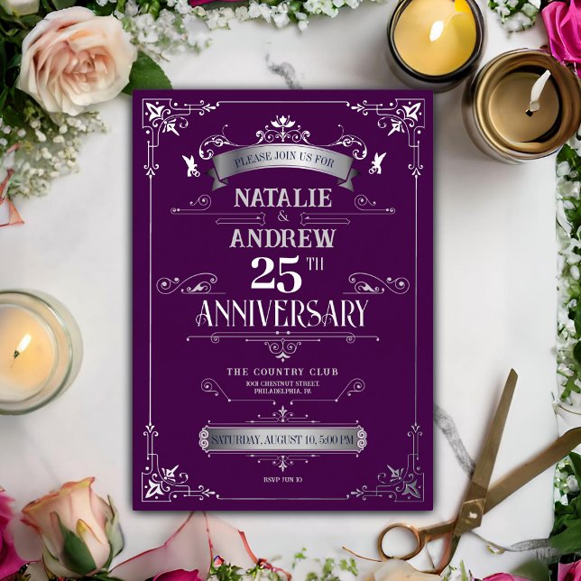 Invitation En Aluminium Élégant 25e anniversaire Mariage en argent violet (Créateur téléchargé)