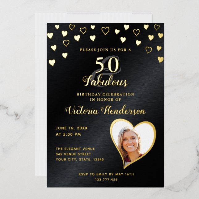 Invitation En Aluminium Elégant 50 et Fabulous Black and Gold Birthday (Enveloppe)