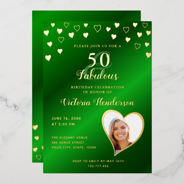 Invitation En Aluminium Elégant 50 & Fabuleux Anniversaire Vert & Or (Recto/Verso)