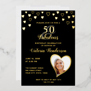 Invitation En Aluminium Elégant 50 & Fabulous Solid Noir & Or Anniversaire