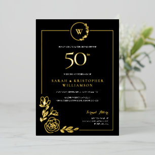 Invitation En Aluminium Élégant 50e anniversaire de Mariage Black Gold