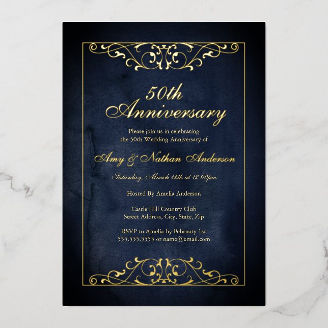 Invitation En Aluminium Élégant 50e anniversaire de Mariage de la Marine (Recto)