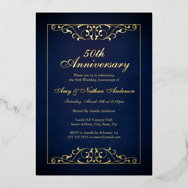 Invitation En Aluminium Élégant 50e anniversaire de Mariage de la Marine d (Recto)