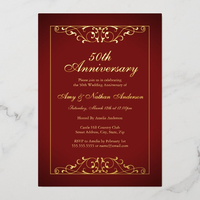 Invitation En Aluminium Élégant 50e anniversaire de Mariage de l'or rouge (Recto)