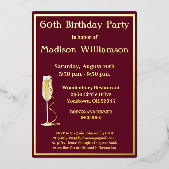 Invitation En Aluminium Élégant 60 Soixante Anniversaire Rouge VRAI Or (Recto)