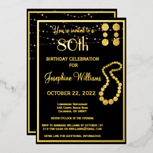 Invitation En Aluminium Élégant 80 Quatre-vingts Anniversaire Noir OR Véri