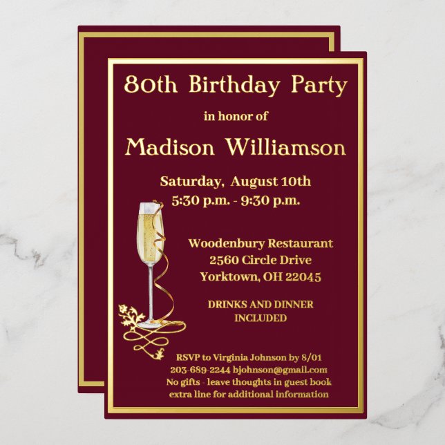 Invitation En Aluminium Elégant 80 Quatre-vingts Anniversaire Rouge VRAI O (Recto/Verso)