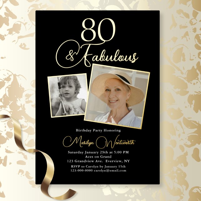 Invitation En Aluminium Elegant 80th Birthday Script Photo (Gold Foil )