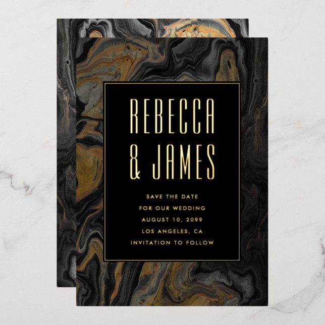 Invitation En Aluminium Élégant Abstrait en marbre noir or Mariage (Recto/Verso)