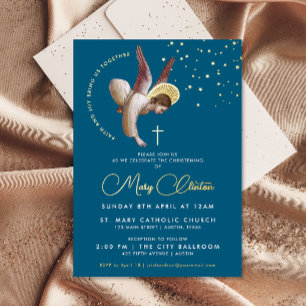 Invitation En Aluminium Elégant Ange Croix Bleu Marine Religieux Baptême