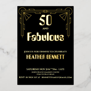 Invitation En Aluminium Élégant Anniversaire Fabuleux 50 Art Déco Feuille 