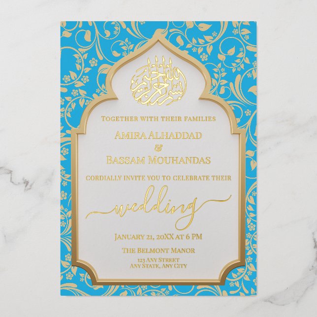 Invitation En Aluminium Elégant Aqua Blue & Gold Real Foil Mariage islamiq (Recto)