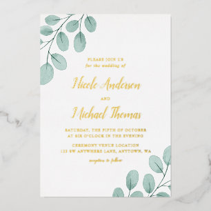Invitation En Aluminium Elégant Aquarelle Eucalyptus Mariage Gold