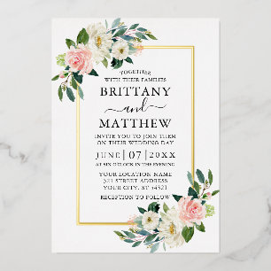 Invitation En Aluminium Elégant Aquarelle rose blanc Floral Mariage Or