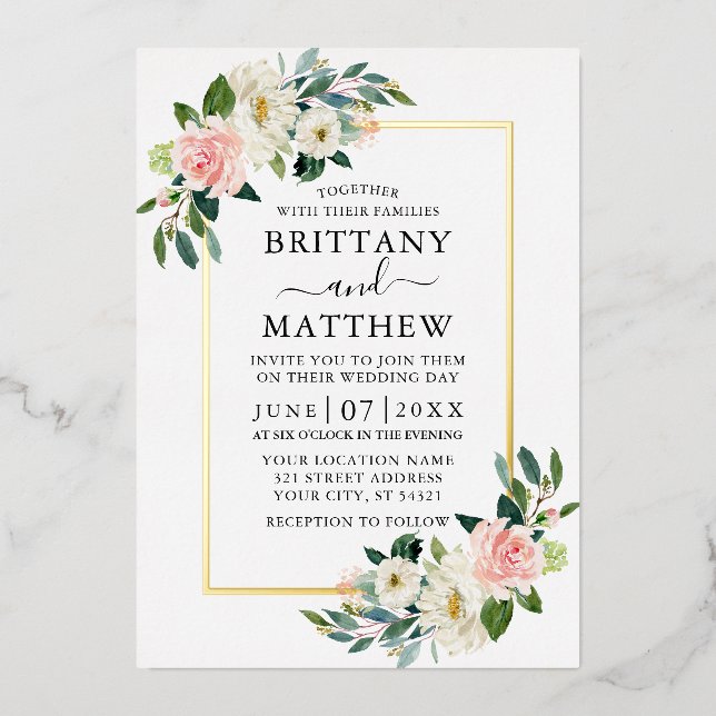 Invitation En Aluminium Elégant Aquarelle rose blanc Floral Mariage Or (Recto)