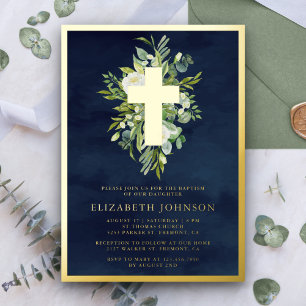Invitation En Aluminium Elégant Aquarelle Verdure Baptême Marine Bleu Or
