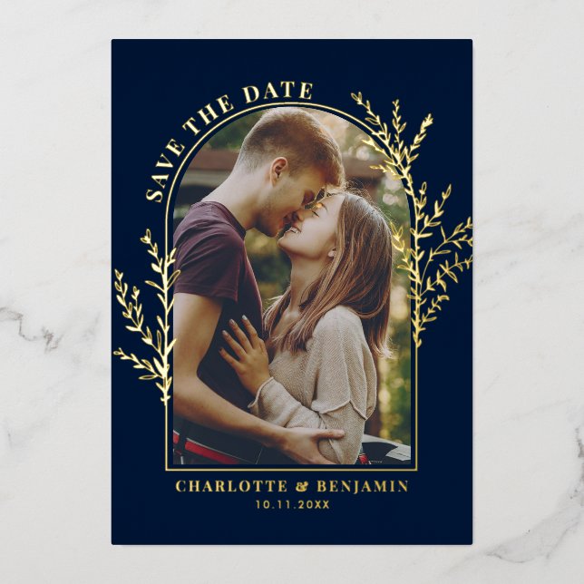 Invitation En Aluminium Elégant Arc photo mariage Enregistrer la date Gold (Recto)