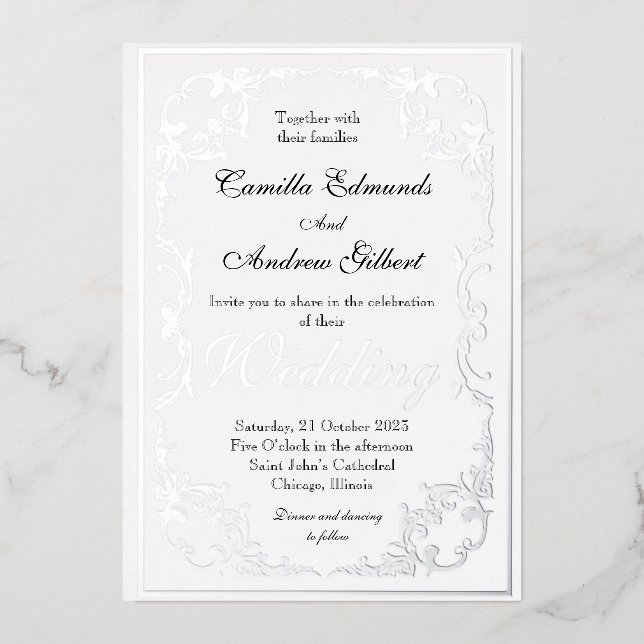 Invitation En Aluminium Elégant Argent Ornate FLourish Mariage frontière (Recto)