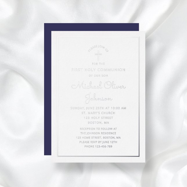 Invitation En Aluminium Élégant Argent Script Navy Blue First Communion (Elegant Silver Script Navy Blue First Communion Foil Invitation)