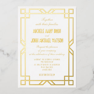 Invitation En Aluminium Elégant Art Déco Classique Cadre Simple Blanc Or