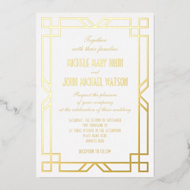 Invitation En Aluminium Elégant Art Déco Classique Cadre Simple Blanc Or (Recto)