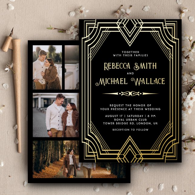 Invitation En Aluminium Elégant Art déco géométrique Mariage Black Gold (Créateur téléchargé)