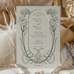 Invitation En Aluminium Élégant Art Nouveau Freesia Line Art Mariage