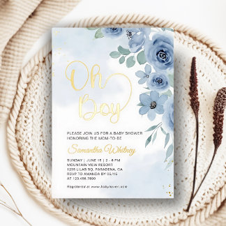Invitation En Aluminium Elégant Baby shower Blue Floral Gold Boy