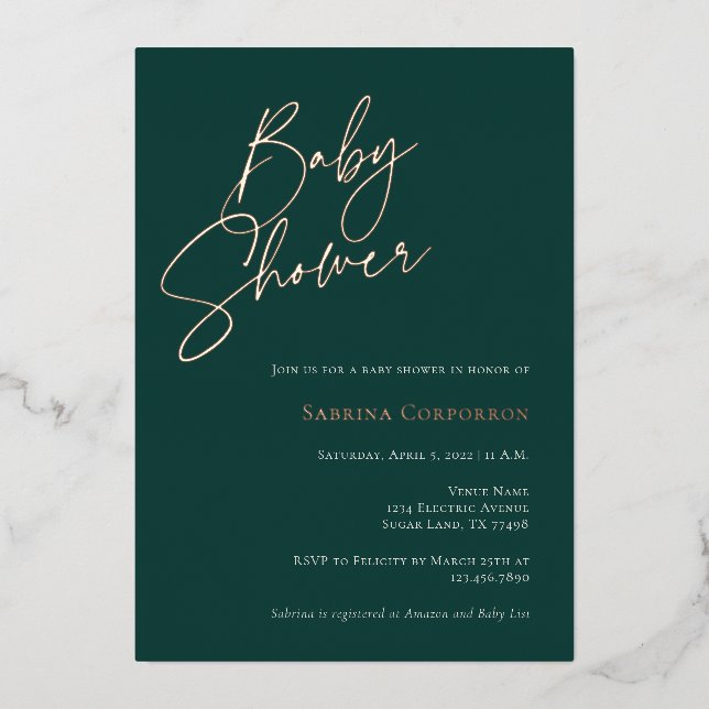 Invitation En Aluminium Élégant Baby shower neutre de genre Foil | Vert (Recto)