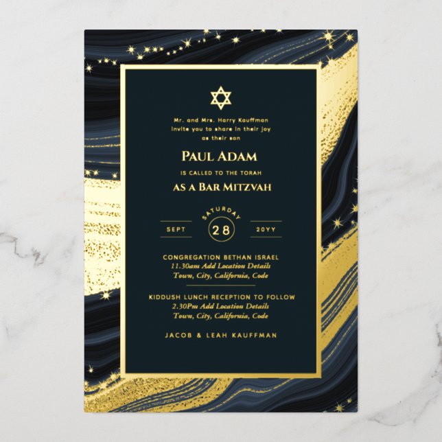 Invitation En Aluminium Élégant Bar Mitzvah | BAT MITZVAH | Marine Agate (Recto)