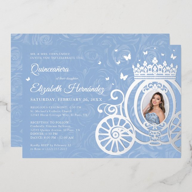 Invitation En Aluminium Élégant bébé bleu Quinceanera Princesse Photo Phui (Recto/Verso)