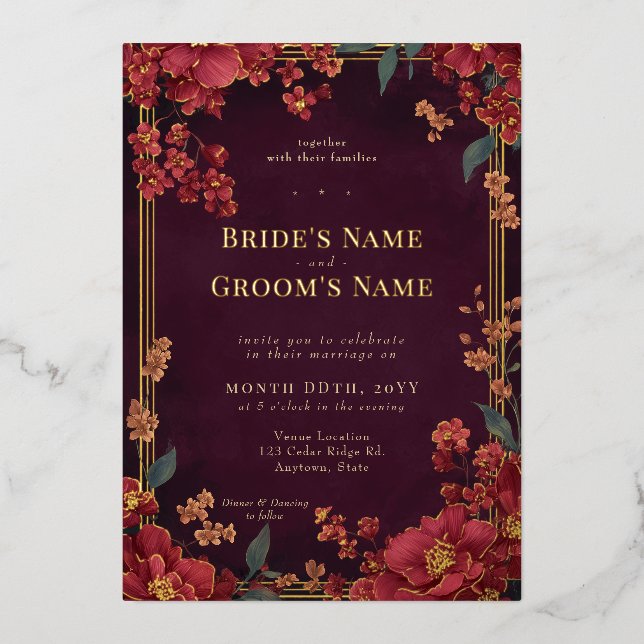 Invitation En Aluminium Élégant bijou rouge ton Mariage floral (Recto)