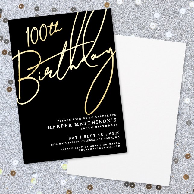 Invitation En Aluminium Elegant Black 100th Birthday Gold (Elegant Black 100th Birthday Gold Foil Invitation)