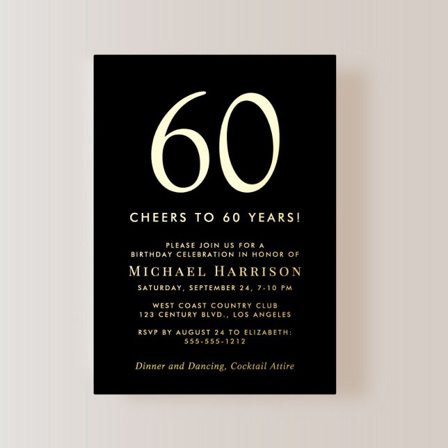 Invitation En Aluminium Elegant Black 60th Birthday Party Gold (Créateur téléchargé)