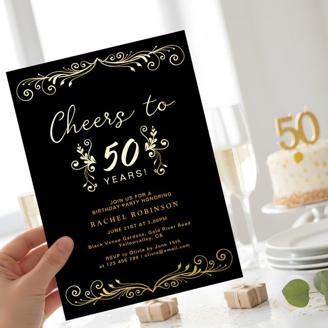 Invitation En Aluminium Elegant Black and Gold 50TH Birthday Party (Créateur téléchargé)