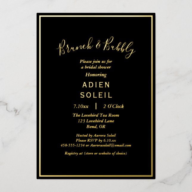 Invitation En Aluminium Elégant Black Gold Bridal Brunch moderne et Bubbly (Recto)