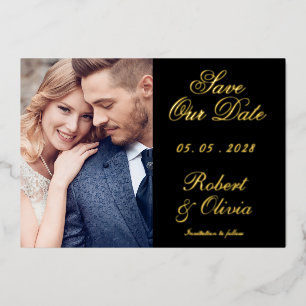 Invitation En Aluminium Elégant Black & Gold Enregistrer notre Date Photo 