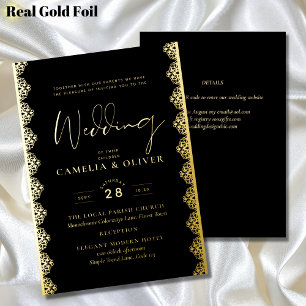 Invitation En Aluminium Elégant Black Gold Foil Lace Vintage Mariage