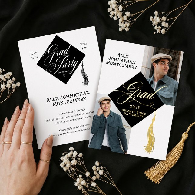 Invitation En Aluminium Elegant Black Gold Grad Cap Tassel Graduate Photo (Elegant Black Gold Grad Cap Tassel Graduate Photo Foil Invitation)
