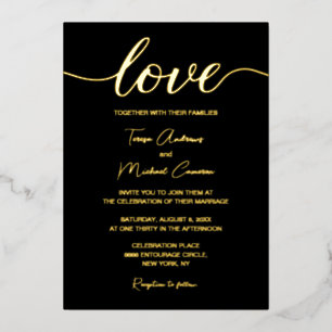 Invitation En Aluminium Elégant Black Gold Moderne Typographie Love script