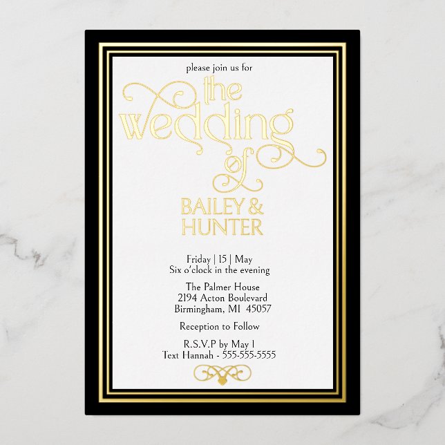 Invitation En Aluminium Elégant Black Gold OrnateTypographie Mariage (Recto)