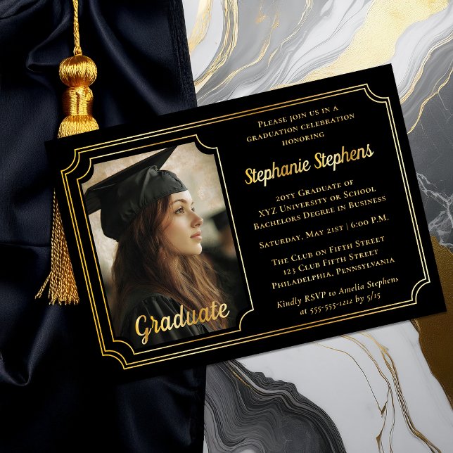 Invitation En Aluminium Elegant Black & Gold Photo Graduation Party  (Elegant Black and Gold Foil Graduation Party Invitation with Photo and Scalloped Frame Overlay)