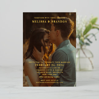 Invitation En Aluminium Elegant Black & Gold Script Overlay Photo Wedding