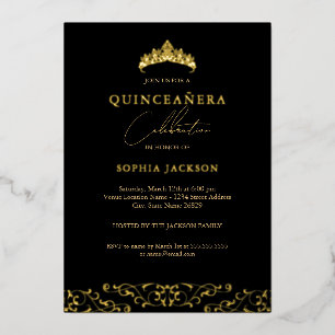 Invitation En Aluminium Elégant Black Gold Tiara Script Quinceanera