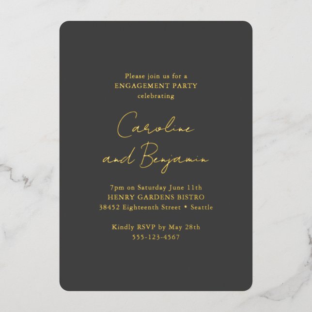 Invitation En Aluminium Élégant Black Minimalist Engagement Party Gold (Recto)